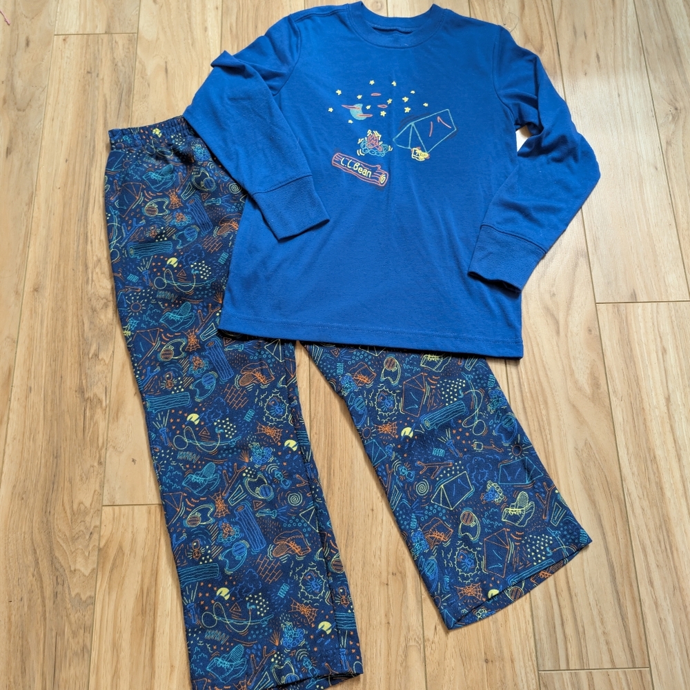 L.L. Bean Kids Blue Camping Pajama Set - Long Sleeve Shirt & Pants - Size S 8